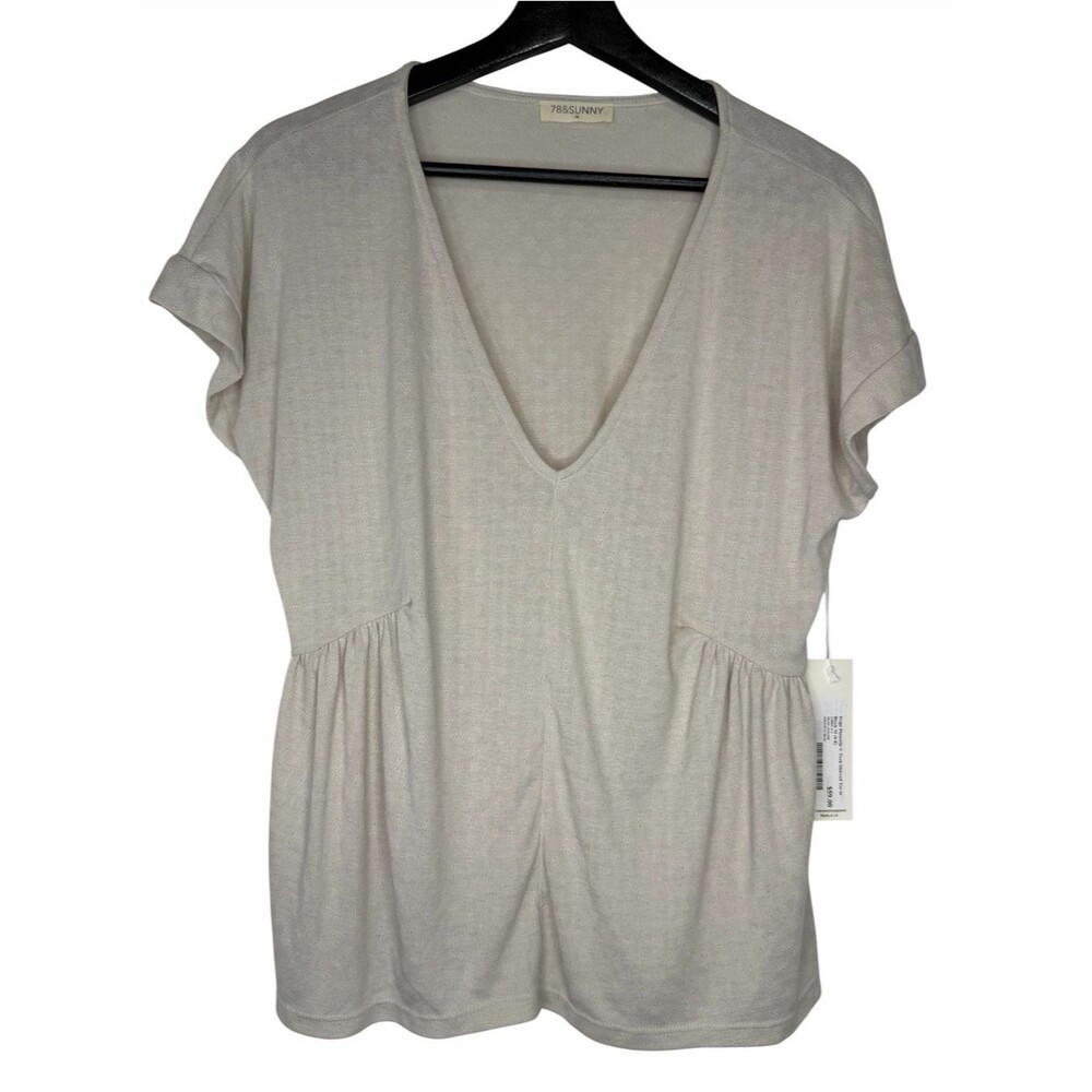NWT 78 & Sunny Hope Pointelle V-Neck Shirred Tee size Medium 6-8 Birch Beige Top